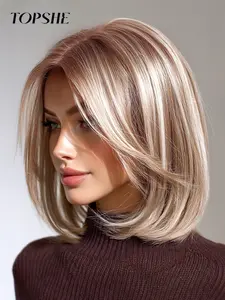 Topshe 13x6 HD Lace Front Wig Dye Straight Hair 12 Inch Shoulder Length Heat Resistant Natural Look Comfortable Breathable Synthetic Lace Wigs