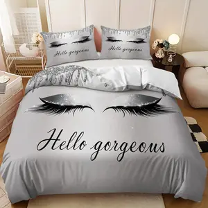 Decorative Bedding Set, 3pcs Silver Sequined Eyelashes with Hello Design Down Comforter Set (1 comforter cover + 2 pillowcases, filling not included) soft and comfortable, suitable for bedrooms