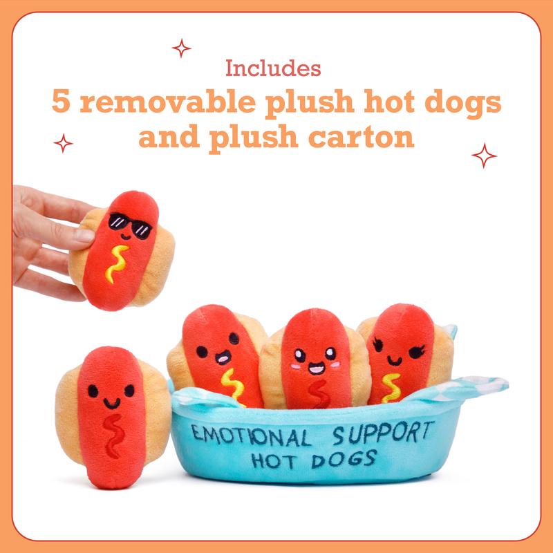 Emotional Support Hot Dogs by Relatable – Funny Valentines Plush Toys for Friends, Cute Gift for Girlfriend or Him, Includes 5 Plushies with Basket