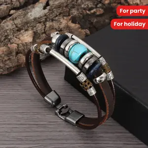 Exquisite Turquoise Beaded Personality Ethnic Style Leather Charm Bracelet - Retro Multi-Layer Couple Accessory with Adjustable Strap for Holiday Gifts