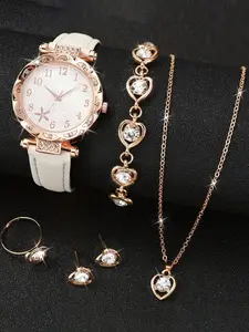 6 piece women's diamond studded dial PU leather strap quartz wristwatch women's bracelet set