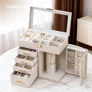 Casegrace 5-Layer Crystal Clear Jewelry Box with Side Door Organizer & Multiple Drawers Large Capacity Storage Viral Display Case Modern Design Home Desktop Decor