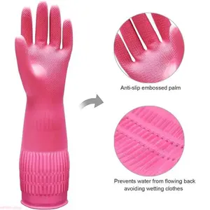 3 Pairs Pink Rubber Cleaning Gloves, Long Cuff Non Slip Embossed Palm Dishwashing Gloves, Waterproof Reusable Household Gloves For Kitchen Bathroom Gardening