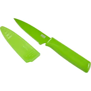 COLORI Non-Stick Serrated Paring Knife with Safety Sheath, 4 inch/10.16 cm Blade, Green