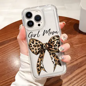 Leopard Bow Pattern Soft TPU Flexible Full-Body Airbag Shockproof Protection Phone Case , Clear Cover For iPhone 16 15 14 13 12 11 Pro Max Plus Xsmax