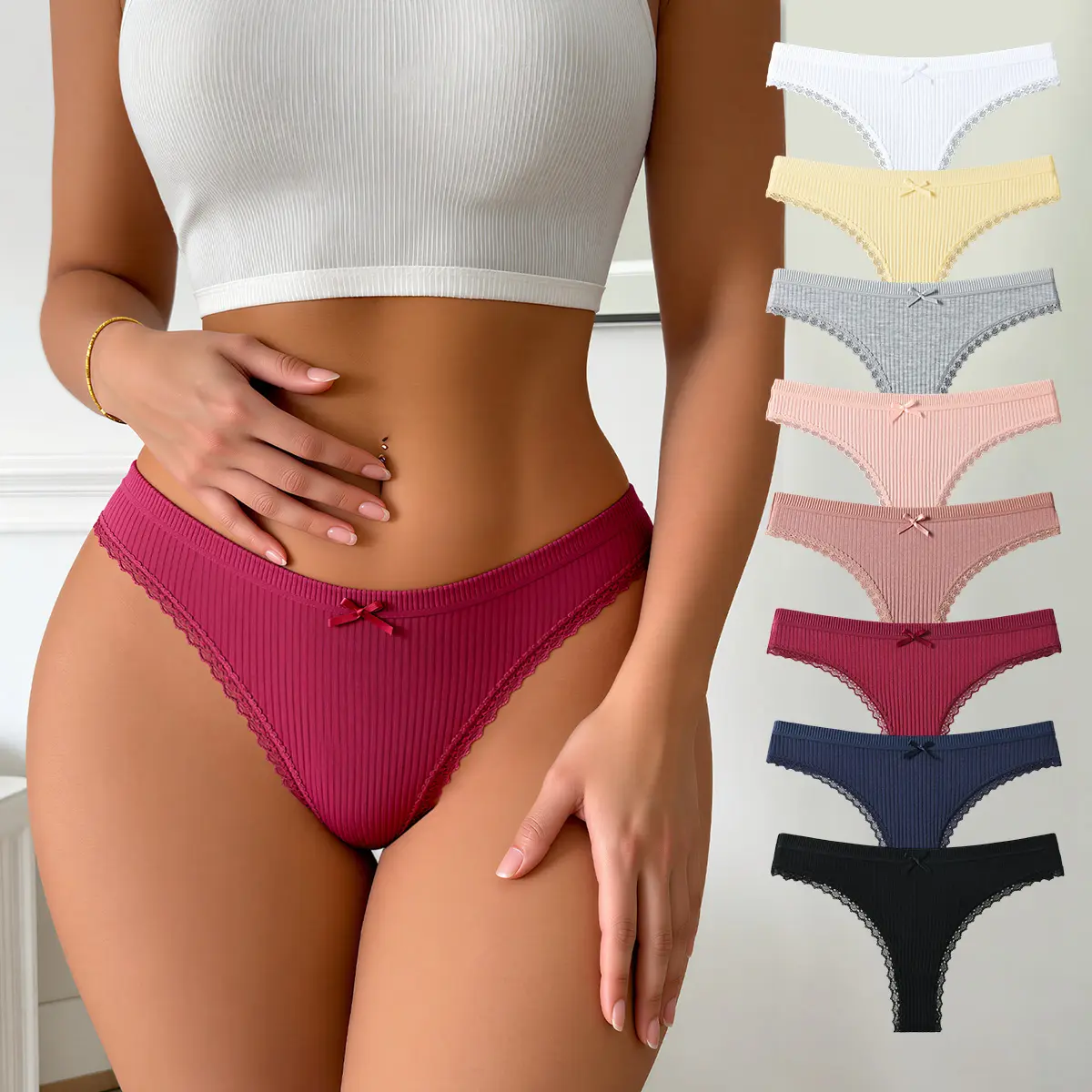 Hotcom Women's 8-Piece Basic Cotton Thongs - Plain, Bow Decor, Lace Trim, Elegant Sexy Underwear for Women, Comfortable Breathable Panties for Everyday & All-Season Wear summerwins