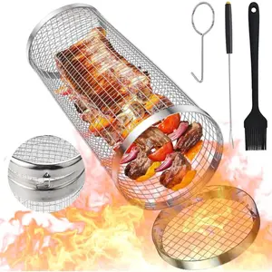 Rolling Grilling Basket, Leak Proof Round Stainless Steel BBQ Grill Mesh for Outdoor Cooking, Camping Picnic Cookware Small - Cover