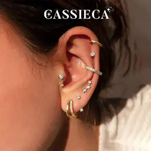 CASSIECA 7-Pair Female Earring Stacking Set, Dainty Hypoallergenic Gold-Plated Silver Stud/Huggie Hoop Earrings, Clip-On Cartilage Helix Jewelry for Sensitive Ears, Daily Wear Gift Summervibes