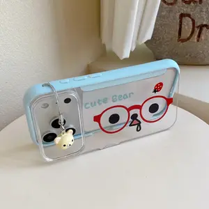 Korean Cute Rilakkuma Phone case With Fold Stand for iPhone 17Pro 14 15 16 17 Pro Max 13 Shockproof cover with Pendant