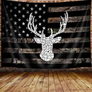 American Flag Hunting Tapestry, Western Black and White Country Deer Tapestry Wall Hanging for Men Bedroom Room, Rustic Camo Tapestries Poster Blanket College Dorm Home Decor 60X40 Inches Design Art Decoration