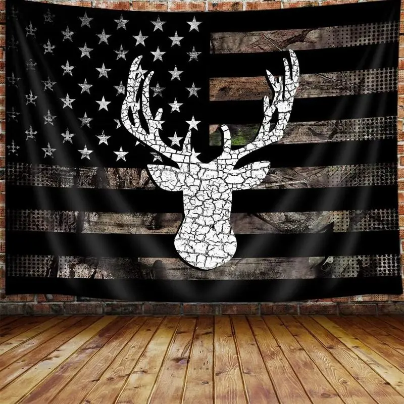 American Flag Hunting Tapestry - Western Style Black and White Country Deer Wall Decor, Rustic Camo Room Art for Men's Bedroom, 60x40 in Home Supplies Decoration, summerwins Dorm Poster Blanket