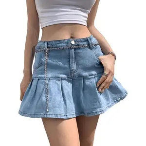 Womens Casual Slim A-line Pleated Ruffle Short Mini Denim Skirts Bottom Womenswear  skirt skirts