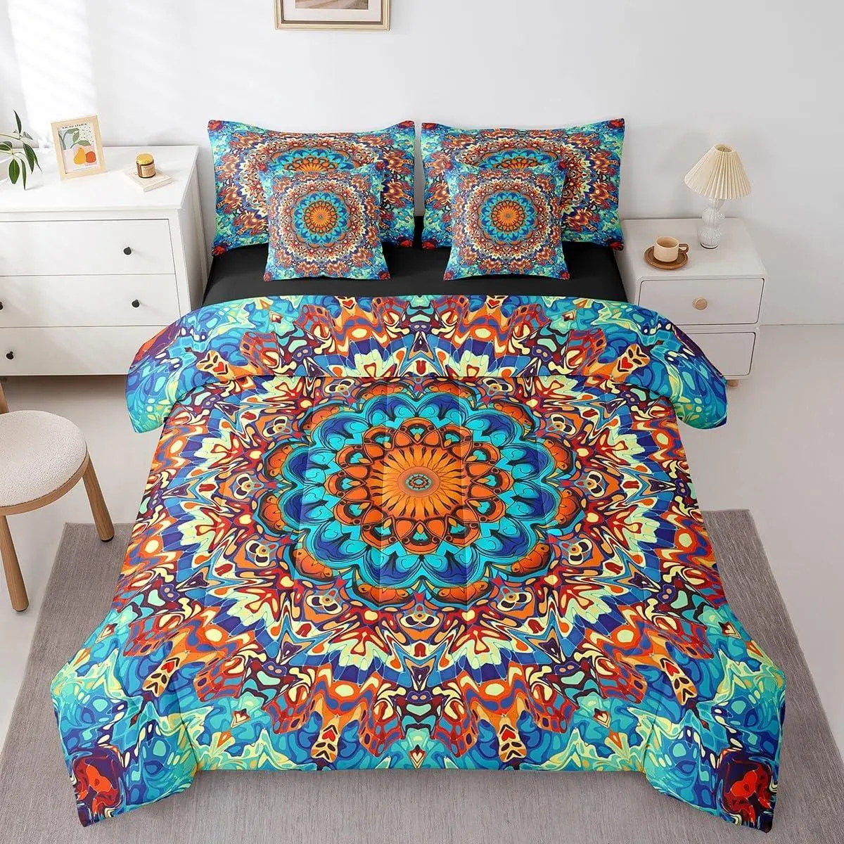 Boho Mandala Comforter Set,Art Deco Vintage Bedding Comforter Set,7pcs,Retro Bohemian Bed in a Bag Paisley Bedding Set,Oriental Medallion Bedding Set,Colorful Aesthetic Bedroom Decor