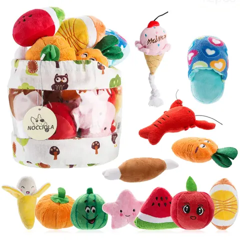 Nocciola 12PCS Fabric Fur Pumpkin Fruit Plush Dog Squeaky Toys with Takeout Bag, Durable Chew Toys for Aggressive Chewers, Cute Shapes, Teeth-Cleaning Birthday Gifts for Small-Large Dogs That Massages Gums & Prevents Gum Diseases