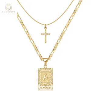 Elarique 14k gold-plated double-layer 26-letter square cross pendant necklace set, light luxury style, versatile and elegant, the first choice for gifts