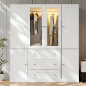 【2 Package Deliver】VOWNER White Large 4 Doors with Glass door Wardrobe with Side Cabinets 3 Drawers Motion Sensor Lighting 3 Color Modes Adjustable Brightness & Aluminum Alloy Hanging Rod