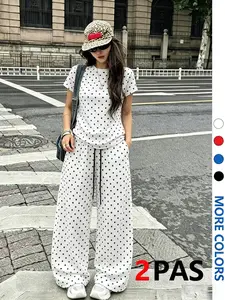 Women's Polka Dot Short Sleeve Top & Wide Leg Pants 2-Piece Set, Casual Chic Matching Set, Relaxed Fit, Loose, Soft Lightweight Fabric, Multiple Colors, Womenswear