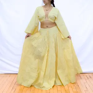 Flowy Gingham Skirt and Bell Sleeve top, Cottage Core Outfit, Summer Long Boho Maxi Skirt with Pockets, Cotton Bohemian Fairy Outfit, Whimsical Outfit