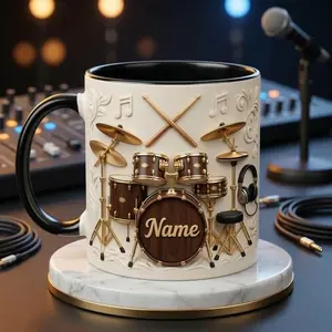 Custom Name Drum Set Faux 3D Coffee Mug, Drummer Musician Mug, Gift for Drummer or Music Lover, 2D Flat Print Ceramic Cup