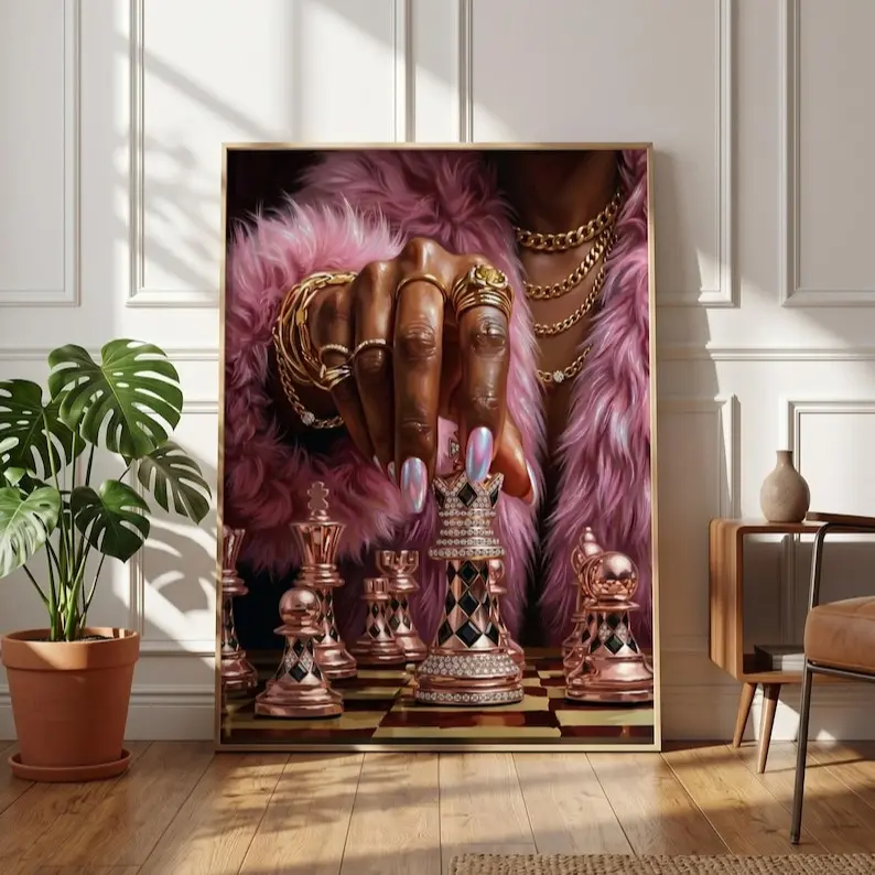 Pink Power Play Wall Art, Luxury Chess Print, Glam Black Woman, Pink Fashion Art, Black Queen Print