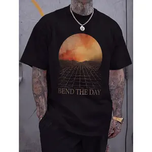 Vintage Sunset Graphic Tee With Orange Sun And Retro Grid Horizon Printed Tee For Men Women Unisex Top, Streetwear Aesthetic Vaporwave Style Graphic Tee, Casual Summer Shirt Soft Fabric Trendy Design With Bend The Day Text, Relaxed Fit Daily Wear