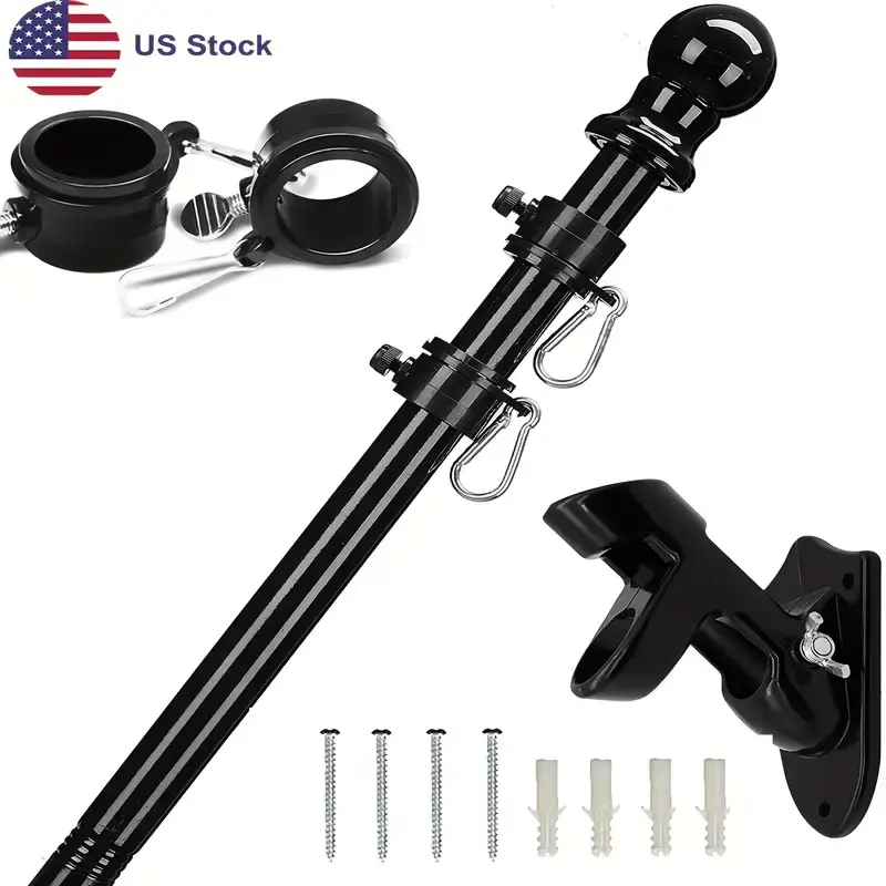 6ft Outdoor Stainless Steel Black Flagpole Set (Durable & Rustproof, with Wall Mount Bracket, 4-Section Adjustable/360° Rotation Anti-Wrap, for Trucks, Houses, Porches, Yards, Boats, 2x3/3x5/4x6 Flags)