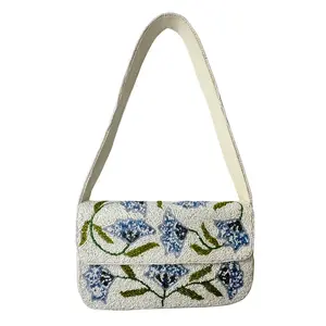 Blue Floral Beaded Shoulder Bag