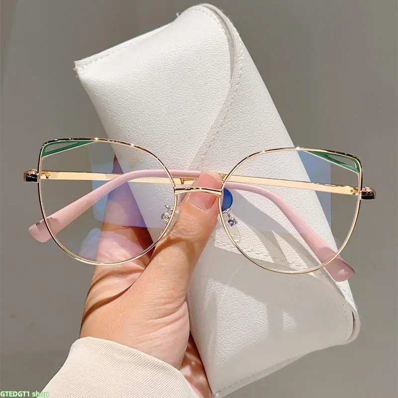 Women's Geometric Cat Eye Clear Lens Glasses - Viral Hollow Corner 2-Tone Metal Frame, Ultra-Light Flexible Skin-Friendly Temples, Suitable for Home Work, Online Classes homedecor