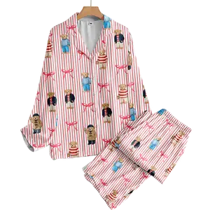 Cute Coquette Teddy Bear Pajamas Set for Women, Long Sleeve Top & Elastic Waist Pants Lounge Set, Comfy Sleepwear for Girls | 030426.R0748.ID01