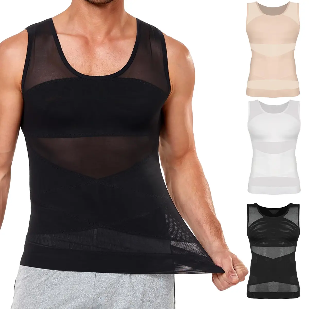 Men's Compression Body Shaper Vest, 1/2/3/4 Pack Tummy Control Underwear, Lightweight Stretchy Breathable Mesh Fabric Tank Top for Sports Workouts