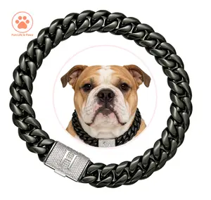 【B2】14MM Cuban Link Dog Chain Collar, Stainless Steel Solid Dog Chain & Custom Letter Lock for Small Medium Large Dogs Personalized, Black Metal Plated, Heavy Duty Chew-Proof Dog Necklace, Sizes 10–30 Inch Trendy