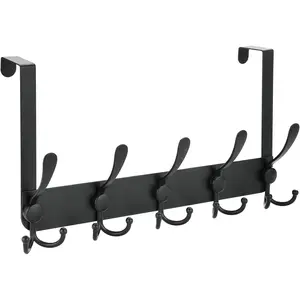 No Drill, No Installation Over The Door Coat Rack with 15 Hooks - Door Hanger Organizer for Towels, Coats, Hats | Bathroom, Bedroom, Closet Storage Solution - Black