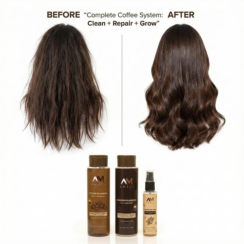 AMELI KIT SHAMPOO TRATAMIENTO NANOREPOLIZADOR Y TONICO DE CAFE Haircare with Coffee Extract for Daily Use Cleanser & Conditioner Haircare Daily Use Daily Use Haircare