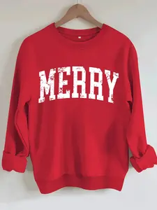 Women's Casual Merry Christmas Graphic Pullover Fitted Sweater, Soft Long Sleeve Round Neck Sweatshirt, Comfortable Daily Wear Tops