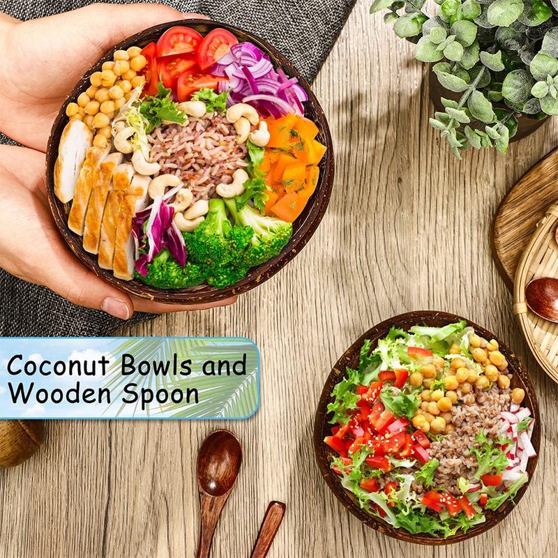 Natural Coconut Shell Bowl Set with Wooden Spoon, Traditional Southeast Asian Vietnamese Coconut Bowls, Eco-Friendly Serving Fruit Smoothie Salad Bowls