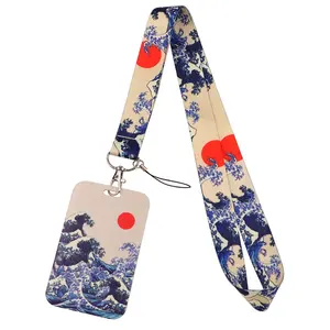 The Great Wave off Kanagawa Pattern Lanyard Keychain USB ID Credit Card Cover Pass Men Mobile Phone Charm Neck Straps Badge Holder Key Holder Accessories