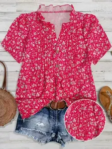 Women's Floral Print Short Sleeve Shirt Blouse, Casual Vacation Top, Comfortable and Stylish, Perfect for Relaxing Days, Ideal for Travel and Leisure, Boho Bohemian