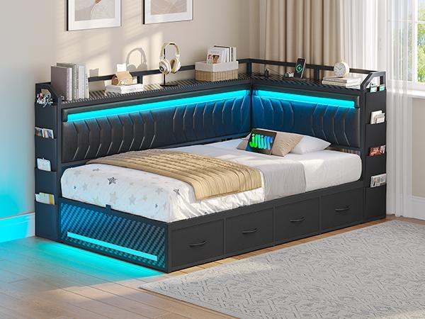 Hasuit L-Shaped Corner Bed Frame - Leather Upholstered with Pull-Stitch Detailing, 4 Storage Drawers, LED Light, Metal Legs, 500lbs Load Capacity, Convertible Daybed (Esports Style)
