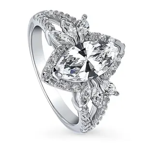 BERRICLE Sterling Silver Halo Flower Engagement Rings Split Shank Ring for Women, Marquise Cut Cubic Zirconia CZ