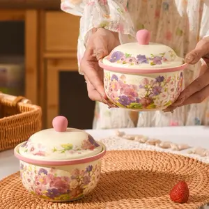 (Set of 2) Blooming Flowers /Happy Lily of the Valley/ Baking Bowl Stew Pot with Lid