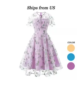 Women  Mesh Embroidery Floral Dress Short Sleeve Cocktail Tea Party Dress Keyhole Tie Formal Embroidered Tulle Prom Dress
