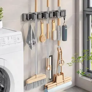 Wall Mounted Mop & Broom Holder, 1 Count Space Saving Adjustable Hooks, Multifunctional Storage Rack, Bathroom Organizing Accessories, Bathroom Accessories Organizer for Home, Kitchen, Garden, Laundry, Garage, Organiser