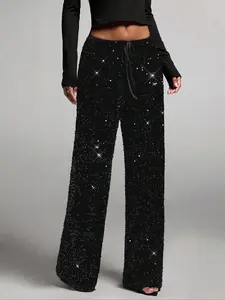 Women's Fashion Pants with Elastic Waistband, Bow Design, Sequins Detailing, Stylish Trousers for Casual Wear