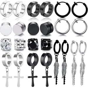 12 Pairs Stainless Steel Non Pierced Earrings for Men Women CZ Clip on Feather Dangle Earrings Set 8mm Hypoallergenic Comfortable Wear Hoop Jewelry