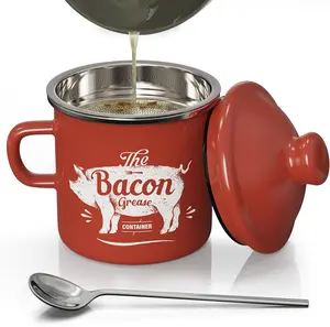 15OZ Enamel Mini Bacon Grease Container with Strainer, Farmhouse Bacon Keeper for Fat Storage, Dishwasher-Safe Red Utensil, Essential Kitchen Accessories for Cooking