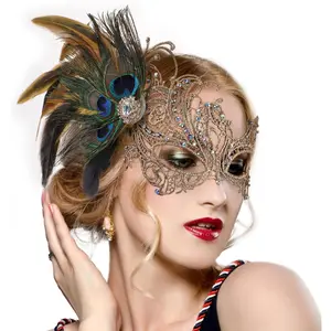 Lace Masquerade Masks for Women - 1920s Peacock Feather Venetian Mask for Halloween Couples Mardi Gras Ball Black