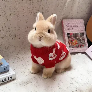 Zoomie Zone Cute Rabbit Red Heart Knit Sweater - Warm Acrylic Small Animal Pet Clothing, XS/S Sizes for Bunnies, Winter Christmas Outfit