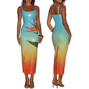 Women's Summer Long Dress U Neck Sleeveless Spaghetti Strap Leaves Pattern Slit Hem Contrasting Color SequinsDress