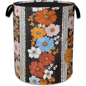 Boho Flowers Laundry Basket,Cloth Vintage Laundry Hamper With Handle Foldable Clothes Basket for Laundry Room/Bedroom/20.8"x16"