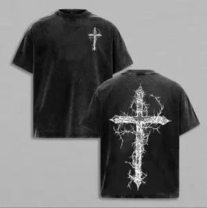 tiktok shop Thorn Cross Gothic Cross T-shirt Washed Biblical Cross Art Tee Jesus Tshirt , Cross Tee, Christian Apparel Streetwear Menswear Oversized Top Men and Women Bible Verse Church Outfit Gym Pump Cover